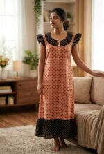 Short And Trendy Cotton Nighty with Round Neck - Peach - Image 2