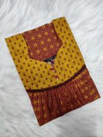 Front Open Cotton Nighty With Buttons, 55 Inches Long- Maroon + Yellow - Image 3