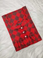 Front Open Cotton Nighty With Buttons, 55 Inches Long - Red+ Black - Image 3