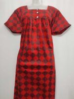 Front Open Cotton Nighty With Buttons, 55 Inches Long - Red+ Black - Image 4