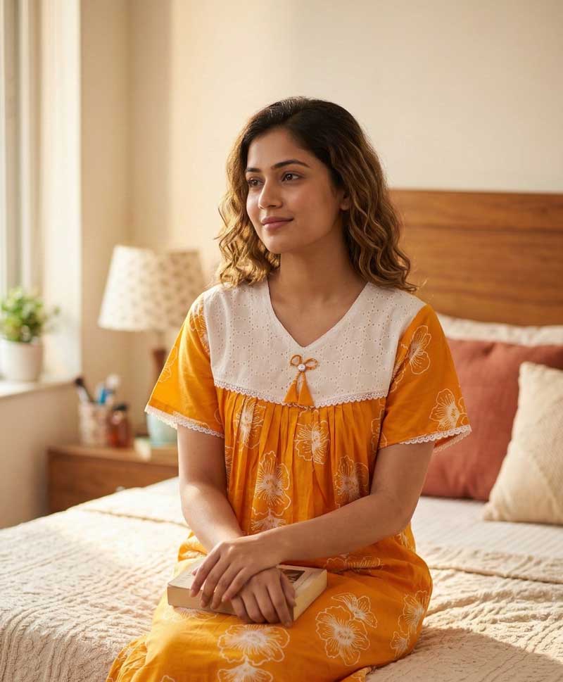 K1 Traditional Cotton Nighty, 55 Inches Length, Hacoba Yoke - Yellow - Image 1