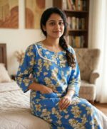 Comfortable Churidar Model Cotton Nighty, 55 Inches Long, 3/4th Sleeves - Blue