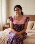 Traditional Cotton Nighty, 55 Inches Length, Hacoba Yoke - Dark Blue + Rose