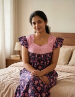 Traditional Cotton Nighty, 55 Inches Length, Hacoba Yoke - Dark Blue + Rose