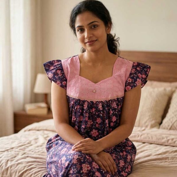 Traditional Cotton Nighty, 55 Inches Length, Hacoba Yoke - Dark Blue + Rose