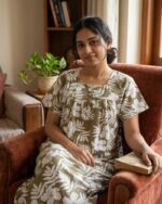 Front Open Cotton Nighty With Buttons, 55 Inches