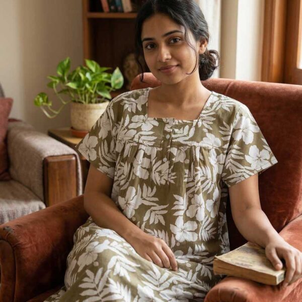 Front Open Cotton Nighty With Buttons, 55 Inches