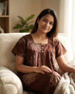 Front Open Cambric Cotton Nighty With Buttons, 55 Inches - Brown