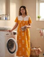 Traditional Cotton Nighty, 55 Inches Length, Hacoba Yoke - Yellow - Image 2