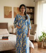Comfortable Churidar Model Cotton Nighty, 55 Inches Long, 3/4th Sleeves - Blue - Image 2