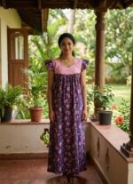 Traditional Cotton Nighty, 55 Inches Length, Hacoba Yoke - Dark Blue + Rose - Image 2