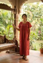 Front Open Ajrakh Nighty With Buttons, 55 Inches - Red - Image 2