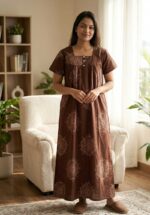 Front Open Cambric Cotton Nighty With Buttons, 55 Inches - Brown - Image 2