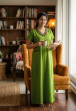 Comfortable Churidar Model Cotton Nighty, 55 Inches Long, Peter Collar - Green - Image 2