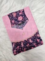 Traditional Cotton Nighty, 55 Inches Length, Hacoba Yoke - Dark Blue + Rose - Image 3