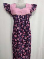 Traditional Cotton Nighty, 55 Inches Length, Hacoba Yoke - Dark Blue + Rose - Image 4