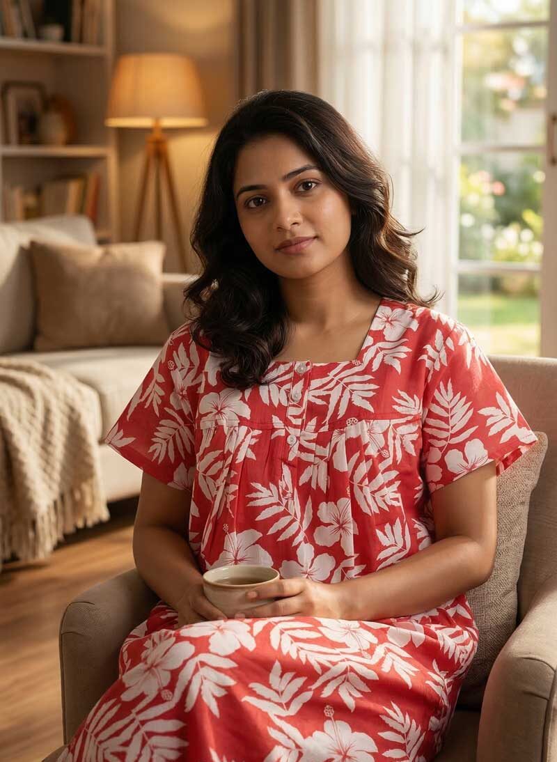 L1 Front Open Cotton Nighty With Buttons, 55 Inches Long - Peach - Image 1