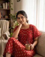 Front Open Ajrakh Nighty With Buttons, 57 Inches - Red