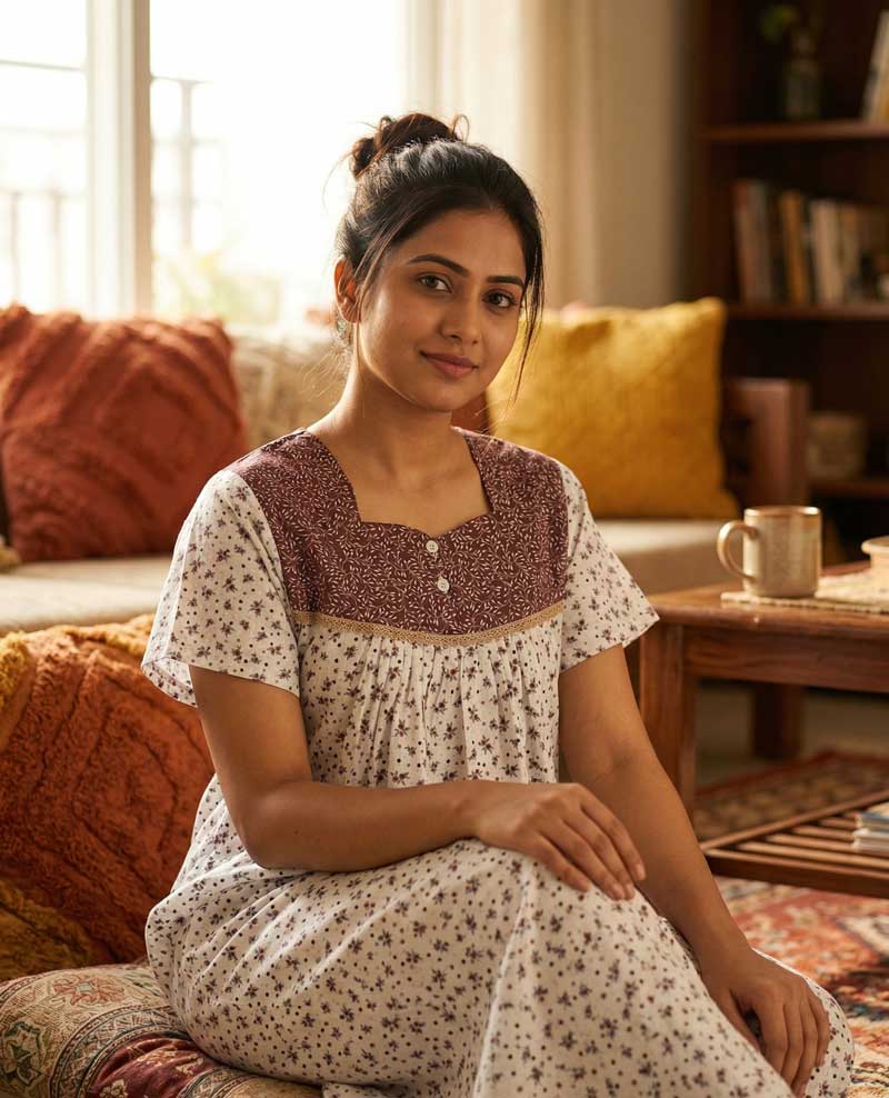 L1 Front Open Cotton Nighty With Buttons, 55 Inches - White + Brown - Image 1