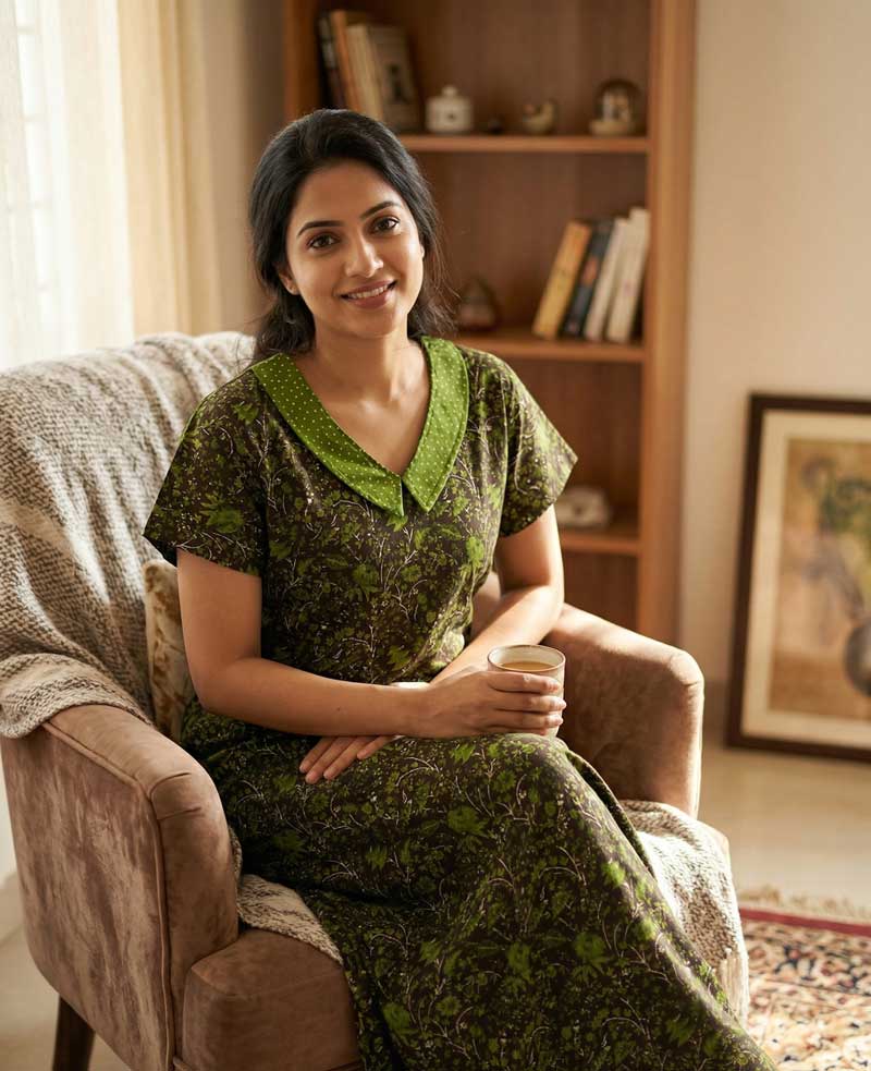 L1 Comfortable Churidar Model Cotton Nighty, 55 Inches Long, Peter Collar - Brown - Image 1