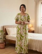 Front Open Cotton Nighty With Buttons, 55 Inches Long- Light Green - Image 2