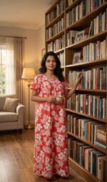 Front Open Cotton Nighty With Buttons, 55 Inches Long - Peach - Image 2