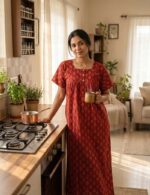 Front Open Ajrakh Nighty With Buttons, 57 Inches - Red - Image 2