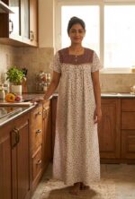 Front Open Cotton Nighty With Buttons, 55 Inches - White + Brown - Image 2