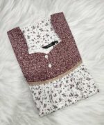 Front Open Cotton Nighty With Buttons, 55 Inches - White + Brown - Image 3