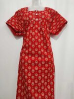 Front Open Ajrakh Nighty With Buttons, 57 Inches - Red - Image 4