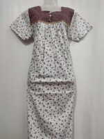 Front Open Cotton Nighty With Buttons, 55 Inches - White + Brown - Image 4