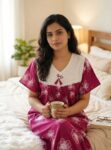 Traditional Cotton Nighty, 55 Inches Length, Hacoba Yoke - Magenta