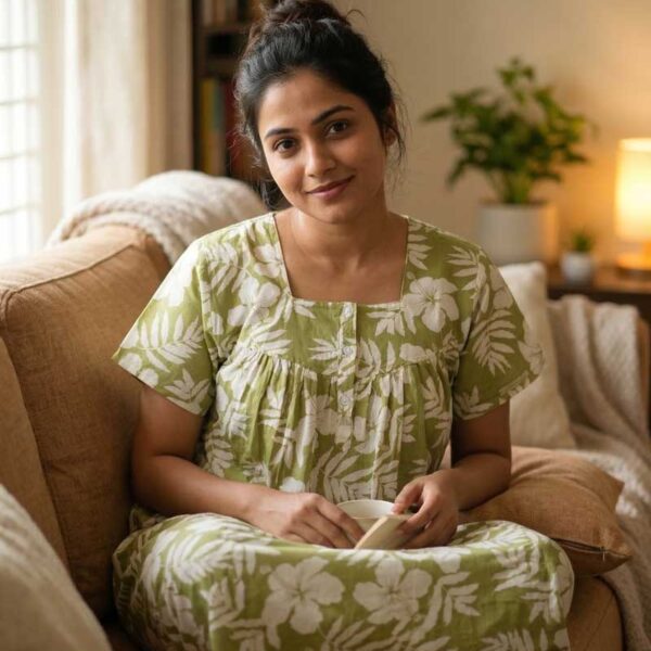 Front Open Cotton Nighty With Buttons, 55 Inches Long - Green