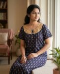 Comfortable Churidar Model Ajrakh Nighty, 55 Inches Long, Hacoba Yoke - Dark Blue