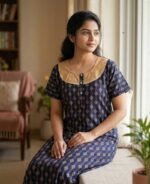 Comfortable Churidar Model Ajrakh Nighty, 55 Inches Long, Hacoba Yoke - Dark Blue