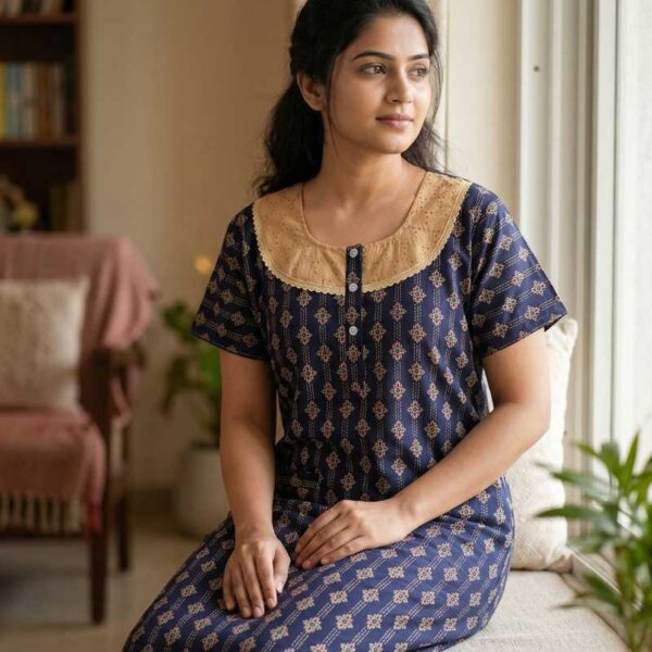 Comfortable Churidar Model Ajrakh Nighty, 55 Inches Long, Hacoba Yoke - Dark Blue