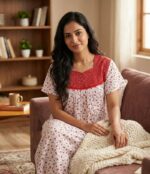 Front Open Cotton Nighty With Buttons, 55 Inches - White + Red