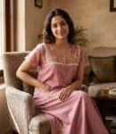 Comfortable Churidar Model Cotton Nighty, 55 Inches Long - Light Pink