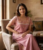 Comfortable Churidar Model Cotton Nighty, 55 Inches Long - Light Pink