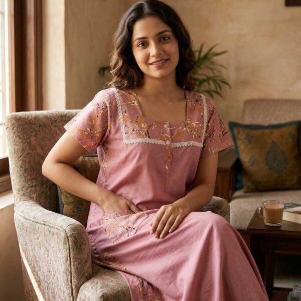 Comfortable Churidar Model Cotton Nighty, 55 Inches Long - Light Pink
