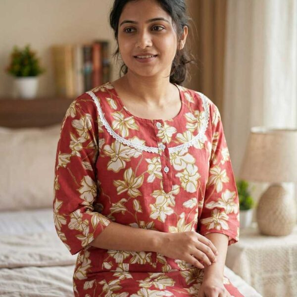 Comfortable Churidar Model Cotton Nighty, 55 Inches Long, 3/4th Sleeves - Violet