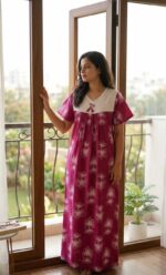 Traditional Cotton Nighty, 55 Inches Length, Hacoba Yoke - Magenta - Image 2