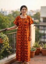 Front Open Cotton Nighty With Buttons, 57 Inches Long - Orange - Image 2