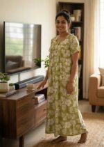 Front Open Cotton Nighty With Buttons, 55 Inches Long - Green - Image 2