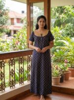 Comfortable Churidar Model Ajrakh Nighty, 55 Inches Long, Hacoba Yoke - Dark Blue - Image 2