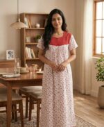 Front Open Cotton Nighty With Buttons, 55 Inches - White + Red - Image 2