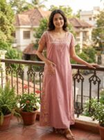 Comfortable Churidar Model Cotton Nighty, 55 Inches Long - Light Pink - Image 2