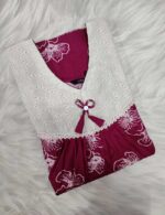 Traditional Cotton Nighty, 55 Inches Length, Hacoba Yoke - Magenta - Image 3