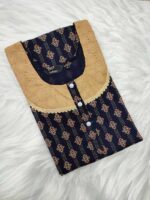 Comfortable Churidar Model Ajrakh Nighty, 55 Inches Long, Hacoba Yoke - Dark Blue - Image 3