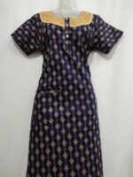 Comfortable Churidar Model Ajrakh Nighty, 55 Inches Long, Hacoba Yoke - Dark Blue - Image 4